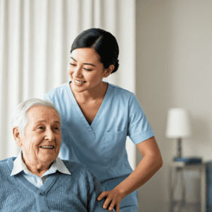 Infirmière aidant une personne âgée lors d'une séance de soins à l'École du Soin.