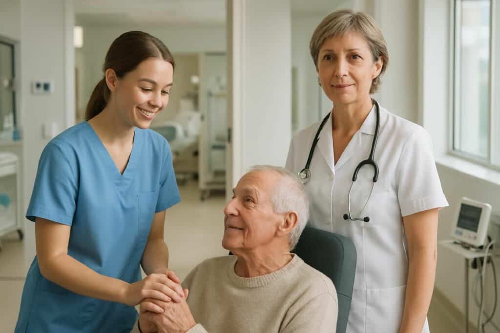 Soins infirmiers pour personnes âgées avec infirmière et étudiante en soins.