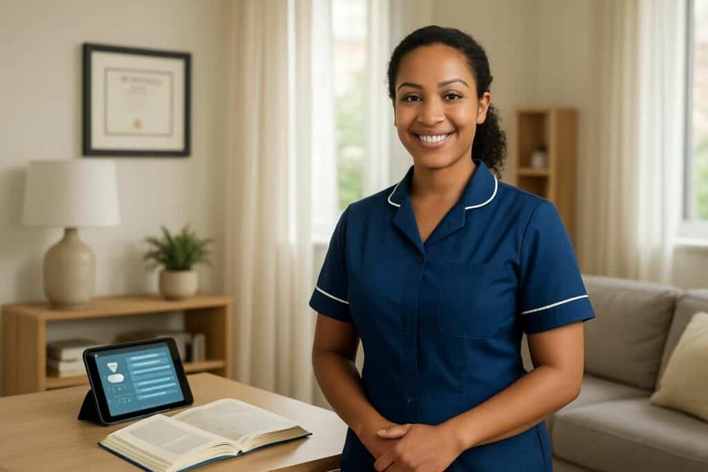 Infirmière professionnelle en uniforme bleu, souriante, dans un environnement chaleureux et bien écl.