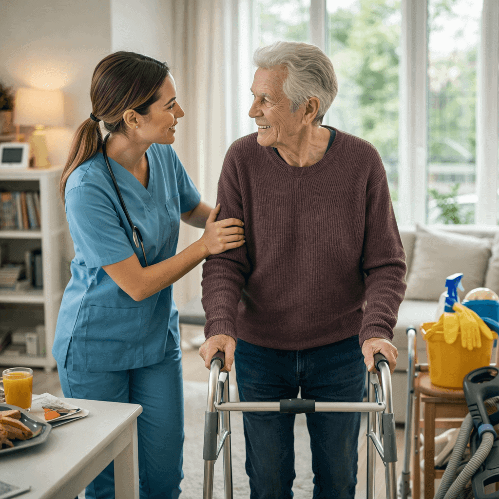 Infirmière aidant un homme âgé avec déambulateur dans une maison de soins.