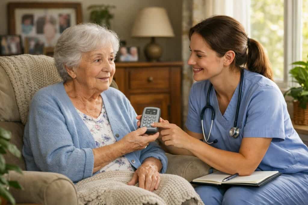 Soins infirmiers à domicile pour personnes âgées, accompagnée d'une infirmière souriante.