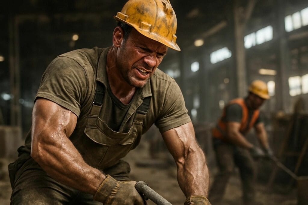 Homme travaillant dur dans une usine, portant un casque de sécurité, dans un environnement industrie.