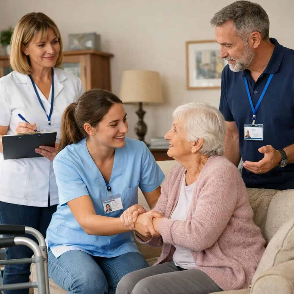 Équipe soignante aidant une personne âgée à domicile, soins et accompagnement.