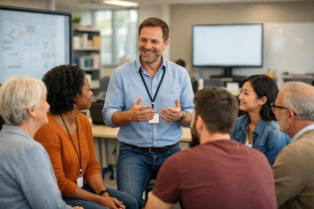 Formateur en formation de soins avec groupe d'apprenants lors d'une session pédagogique.