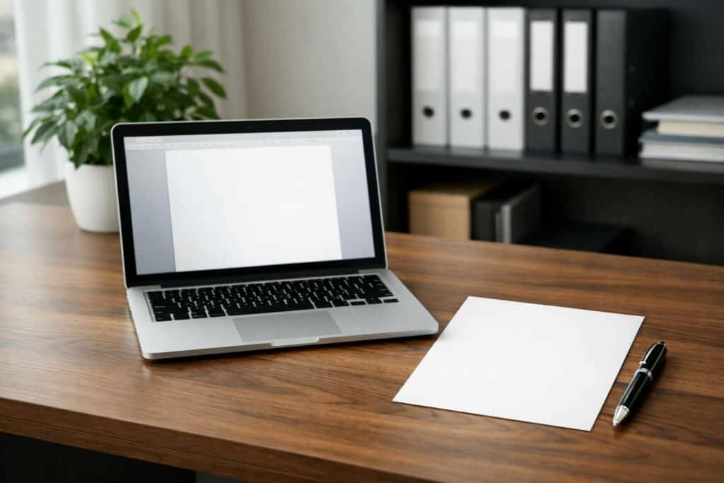 Bureau moderne avec ordinateur portable, carnet et stylo pour formation en soins.