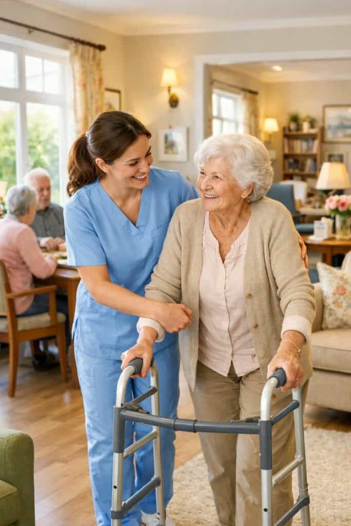 Assistante de vie aidant une personne âgée avec déambulateur.