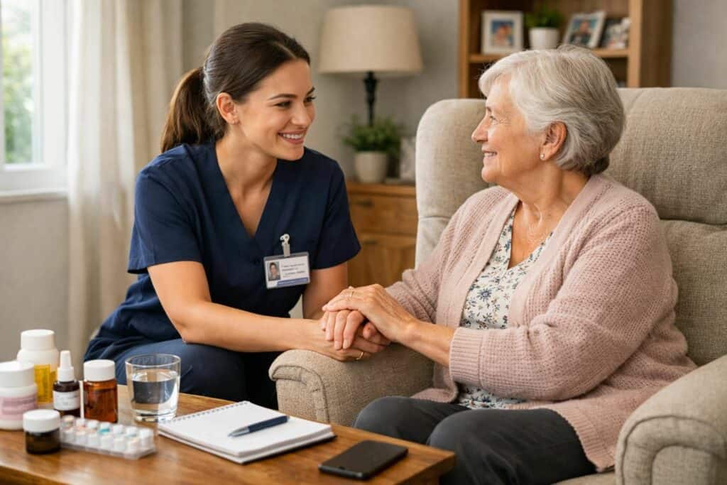 Prise en charge bienveillante entre une infirmière et une senior à domicile.