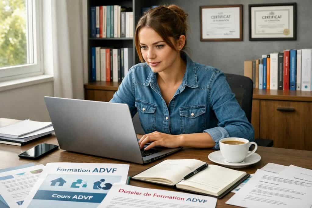 Étudiante en formation de soins infirmiers travaillant sur un ordinateur portable.